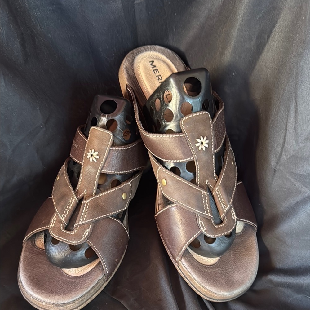 🍍 Merrell Luxe Slide Mink Sandals Brown Leather Women's Size 8 Wedge Heel🍍